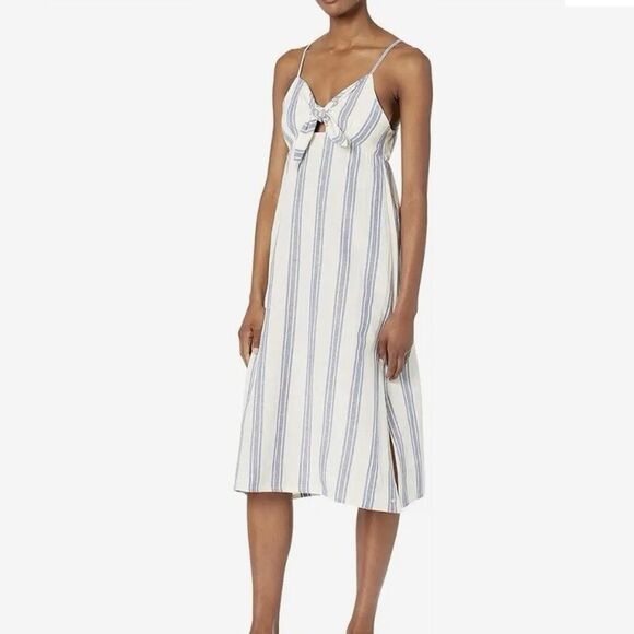 Roxy Sweetest Step Linen Blend Striped Midi Dress Blue Cream Size Medium - Picture 1 of 13